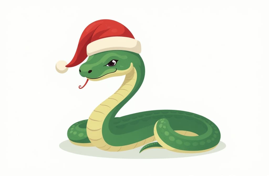  flat illustration, flaticon, (illustration:1.15), green snake in santa claus hat on white background ar 3:2, [cory loftis, strobist, pascal campion :: 0.2]