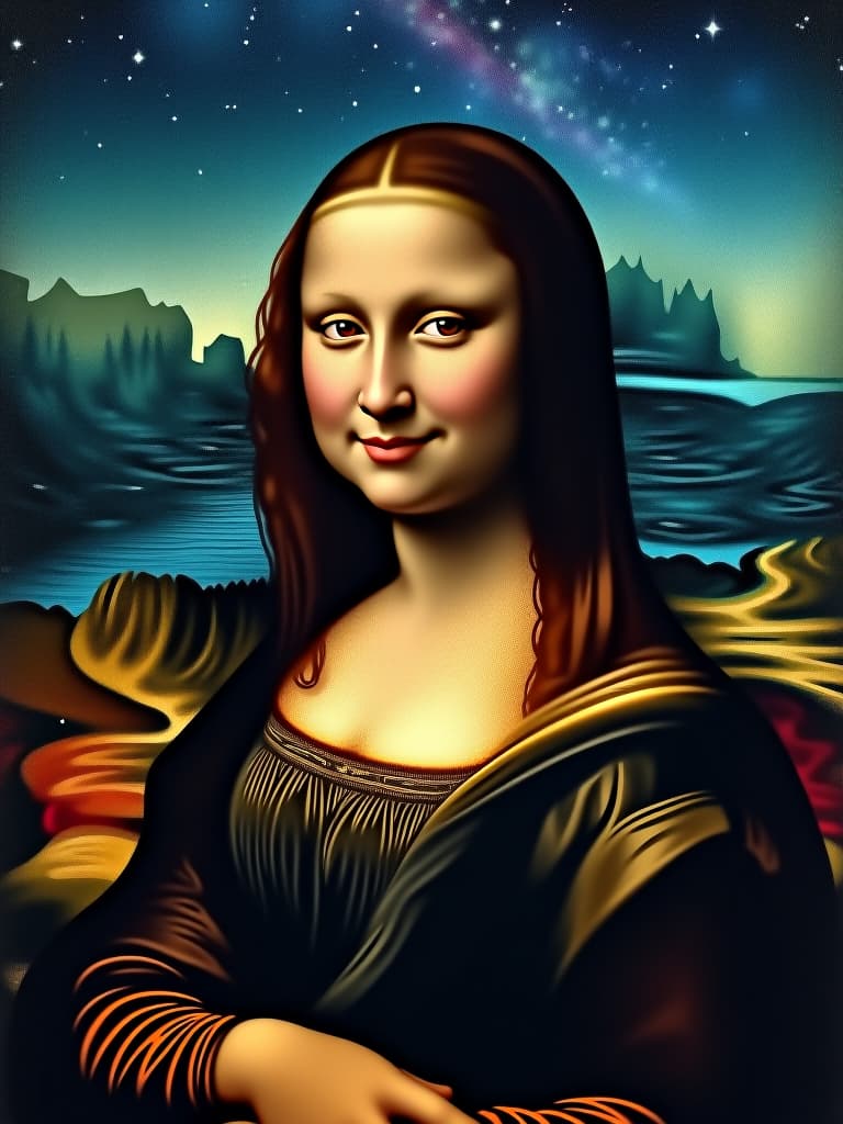  a reimagined portrait of the mona lisa set against a starry night sky. the iconic figure is depicted looking directly at the viewer with her enigmatic smile, as swirling stars and galaxies illuminate the dark blue sky behind her. her expression remains calm and mysterious, but the modern setting adds a touch of wonder and serenity. the lighting is soft, with gentle moonlight highlighting her face and the subtle textures of her clothing. the background features a blend of deep blues, purples, and twinkling stars, creating a dreamlike atmosphere that merges the classical with the celestial. photo realistic, highly intricate and detailed, masterpiece, ultra high res,photography,8k resolution