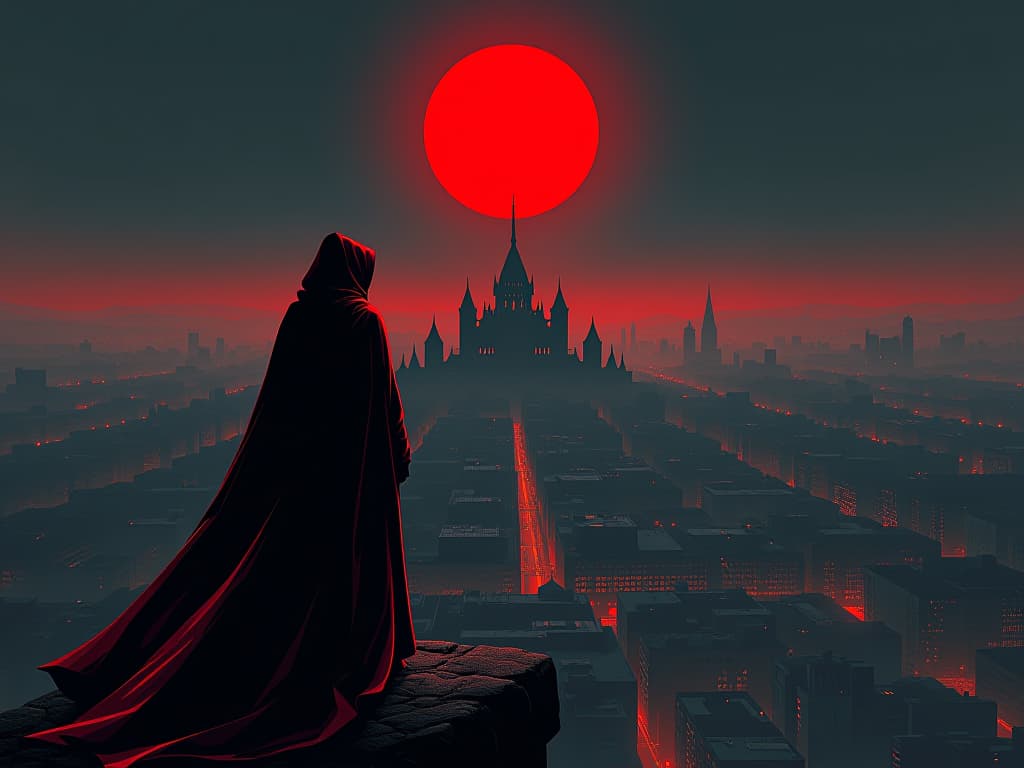  man in red robes, looking out from a high tower, darkened city below, air of detachment and isolation. the style is digital art illustration / modern comic book / graphic dark novel fantasy and mysterious occult, symbolic, moody lighting, esoteric vibe,high detail on character design. for the color scheme emphasize blacks and reds.