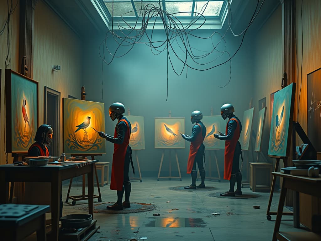  cinematic, ethereal fantasy concept art: in the heart of an abandoned art studio, a surreal ben templesmith style scene unfolds. a group of robots, metal bodies covered with aprons sprayed with paint, robots diligently create artistic masterpieces in the style of Čiurlionis (mikalojus konstantinas ciurlionis); thanks to cinematic surround lighting, creating an unearthly glow, robots carefully paint on canvases many bright birds in cages, the paintings radiate a sense of an otherworldly miracle among the fading former splendor of the gallery. tangled wires hang from the ceiling serve as a counterpoint to the skill of robots hinting at a destroyed world, among the bright colors in the air hovers a sense of nostalgia and longing. the work of  hyperrealistic, full body, detailed clothing, highly detailed, cinematic lighting, stunningly beautiful, intricate, sharp focus, f/1. 8, 85mm, (centered image composition), (professionally color graded), ((bright soft diffused light)), volumetric fog, trending on instagram, trending on tumblr, HDR 4K, 8K