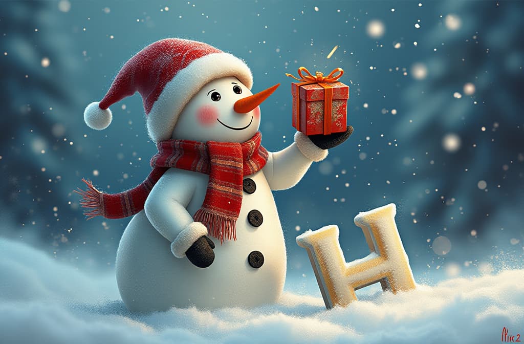  snowman holding gift box above him letters “merry christmas” ar 3:2 {prompt}, maximum details