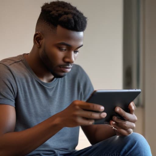 Dark skin guy playing games on a tablet