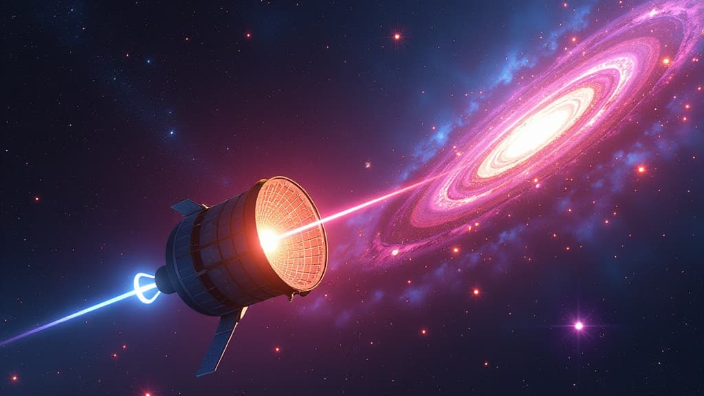  prompt: create a hyper realistic image of the einstein probe in space, showcasing its unique telescope design and state of the art instruments. the scene should depict the satellite capturing intense bursts of high energy x rays from various celestial phenomena, illuminating the sky with vibrant colors and dynamic light patterns. include detailed depictions of known x ray sources and hypothetical new discoveries, emphasizing the mission's goal of exploring the variable x ray sky. ensure the imag