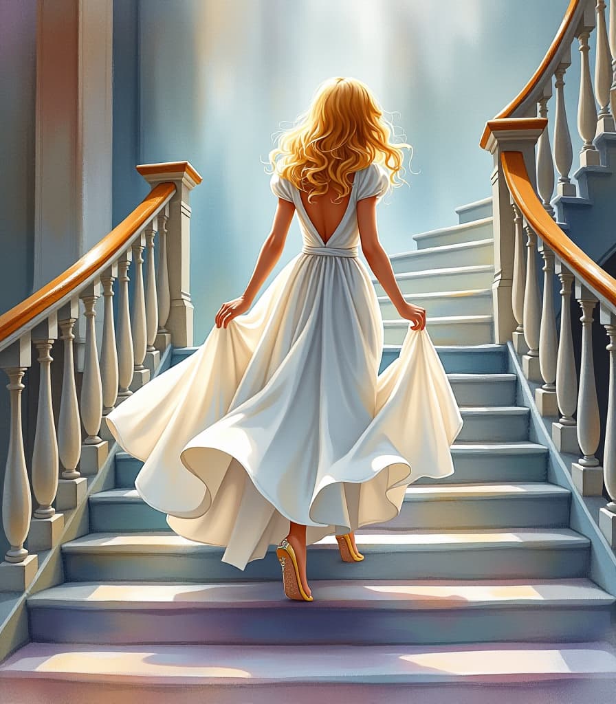  fairy tale masterpiece. (painting, watercolor. a beautiful palace, cinderella from charles perrault's fairy tale (a beautiful girl, blonde, with loose, curly hair:1.2), in a beautiful, white maxi dress, (wearing one crystal heeled slipper:1.5) is running down the stairs, and her other crystal slipper, which she loses as she runs down the stairs, is standing on a step of the stairs, close up:1.5). (intense close up:1.5). highly detailed brushstrokes, clarity. painting watercolor. spots, sweat. (style of artist sergei andriyaki:1.5). style of fantasy, fairy tales. . magical, fantastical, enchanting, storybook style, highly detailed