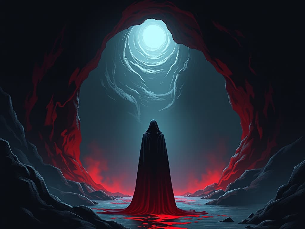  echoing voice in dark cavern, shadowy walls, reverberating sound, air of haunting. the style is digital art illustration / modern comic book / graphic dark novel fantasy and mysterious occult, symbolic, moody lighting, esoteric vibe,high detail on character design. for the color scheme emphasize blacks and reds.