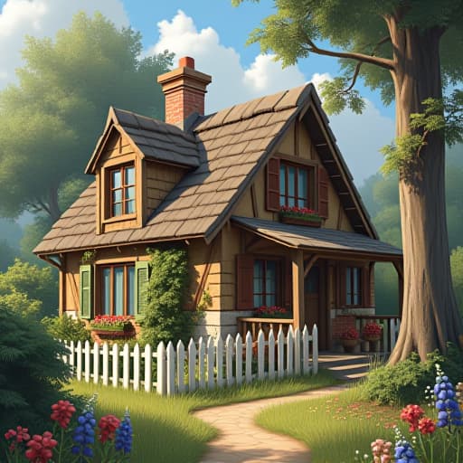  a charming cottage nestled among a picturesque landscape, featuring a quaint exterior with rustic elements like a picket fence and blooming flowers.