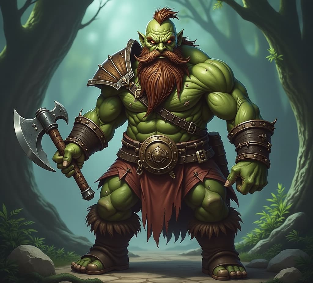  role playing game (rpg) style fantasy a green skiinned battle scarred orc barbarian with a rugged beard wielding a great axe in one hand and holding an ale tankard in his other hand, detailed, vibrant, immersive, reminiscent of high fantasy rpg games, high details, good quality