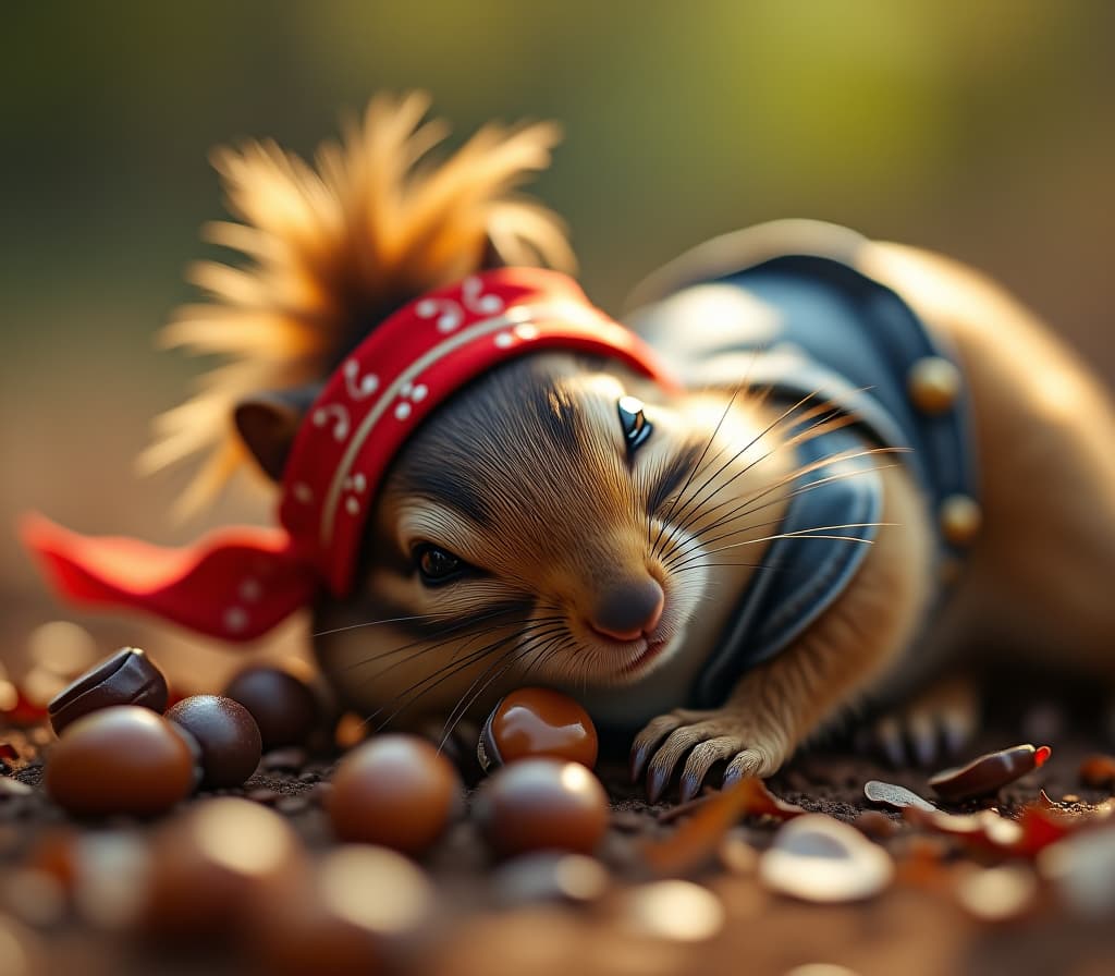  cinematic photo a cute brown chipmunk sleeping happily, he dressed as a rock star from the 80's, red bandana, denim vest, crazy hairstyle, a few hazelnuts are scattered around. the atmosphere is totally relaxing . 35mm photograph, film, bokeh, professional, 4k, highly detailed hyperrealistic, full body, detailed clothing, highly detailed, cinematic lighting, stunningly beautiful, intricate, sharp focus, f/1. 8, 85mm, (centered image composition), (professionally color graded), ((bright soft diffused light)), volumetric fog, trending on instagram, trending on tumblr, HDR 4K, 8K