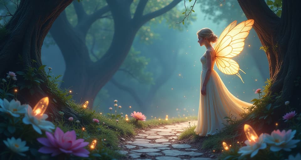  a serene fairy feeling the unseen but palpable energy, surrounded by a magical aura, glowing radiantly. beneath, an enchanted pathway lit by magical crystals, guiding her forward.. the style is digital art illustration,highly detailed, whimsical,magical, dreamlike atmosphere, realism and fantasy blend, smooth, glossy textures,luminous quality, wonder and enchantment.