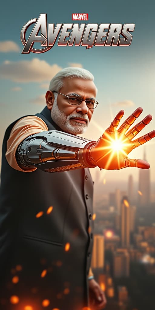  a hyper realistic movie poster titled "indian avengers" featuring narendra modi as a cyborg robot. he launches a powerful hand attack on ultron, his mechanical arm glowing with intense energy. modi’s face, part human and part robotic, is determined as the force of the strike sends shockwaves through the scene. the background shows a futuristic cityscape with indian architecture, with the title "indian avengers" prominently displayed above.