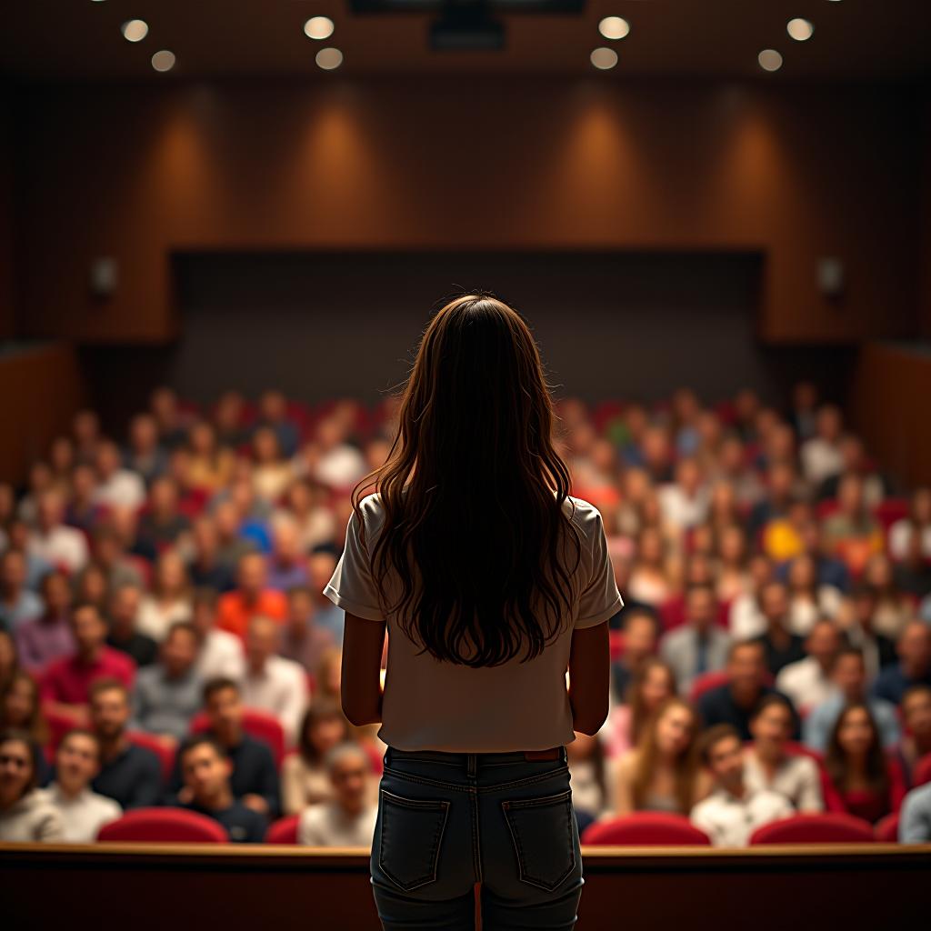  a brunette girl is giving a lecture on stage, standing with her back to the camera in front of a filled auditorium that is watching her.