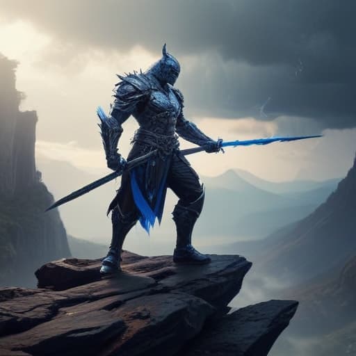 A powerful warrior with glowing blue eyes stands at the edge of a cliff overlooking a vast, mystical landscape. His armor is sleek and silver, adorned with intricate designs. He wields a shimmering sword in one hand, ready for battle. The sky above is filled with swirling clouds and streaks of lightning, creating an ominous yet awe-inspiring atmosphere. The ground below is cracked and barren, hinting at a past conflict. The warrior exudes a sense of strength and determination, his pose confident and fierce. The overall color scheme is dark and moody, with pops of vibrant blue and silver accents. fantastical creatures or characters inspired by mythology, folklore, or popular culture. use vibrant colors, sharp lines, intricate details, dynami