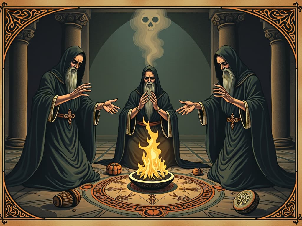  ancient priests performing a cleansing ritual, sacred artifacts, incense smoke, sense of reverence, spiritual atmosphere. an illustration in the style of a worn, mystical old tarot trump card, mysterious and elements of surrealism. the colors are muted, somber and eerie, but with contrast bring out an occult and esoteric vibe.