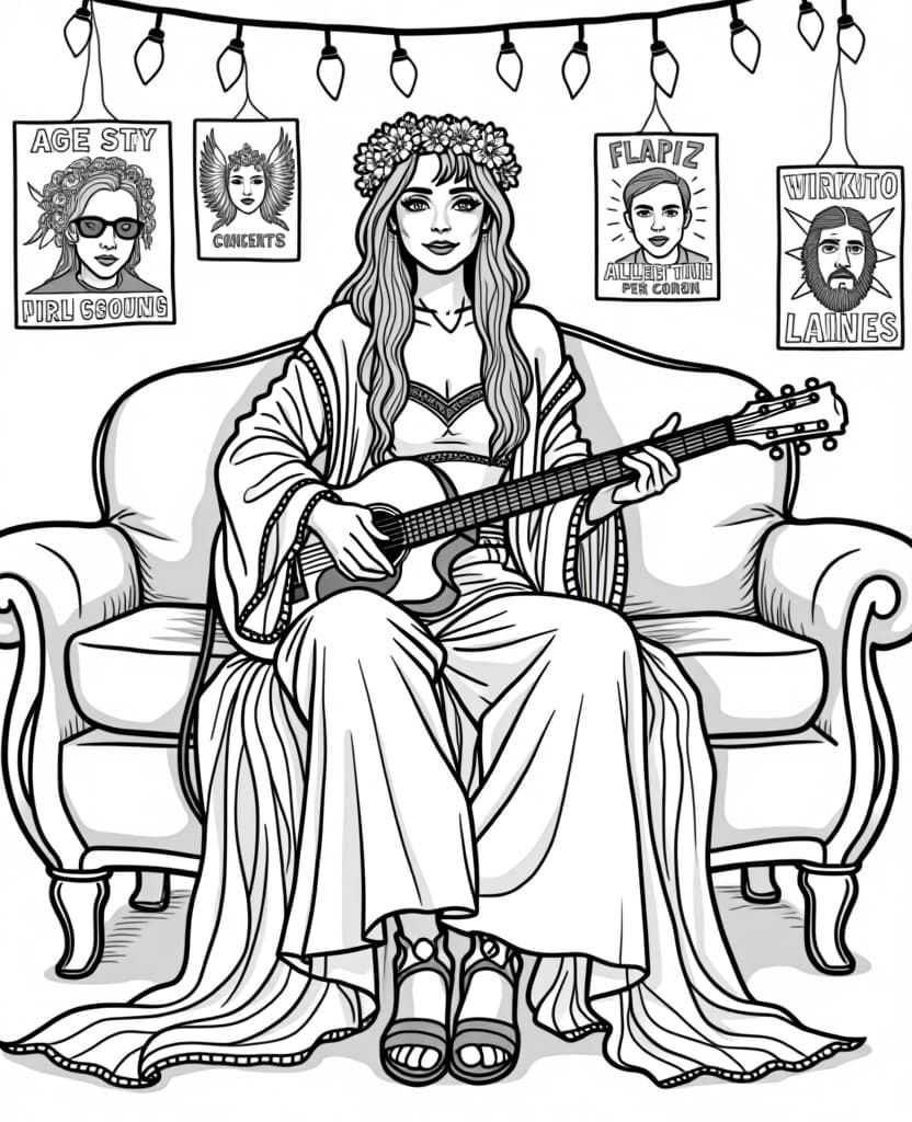  centered black and white high contrast line drawing, coloring book style,create a coloring page a age pop star in a bohemian chic outfit with a long flowing , a crop top and a flower crown. she sits with a guitar at her side, getting ready to perform. a vintage sofa, string lights and posters from previous concerts, reflect her relaxed and artistic side., monochrome, blank white background