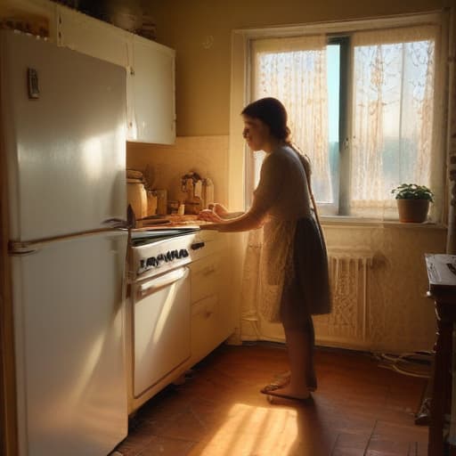 A photo of a skilled technician repairing a vintage refrigerator in a cozy kitchen during the late afternoon, bathed in warm, golden sunlight filtering through lace curtains.