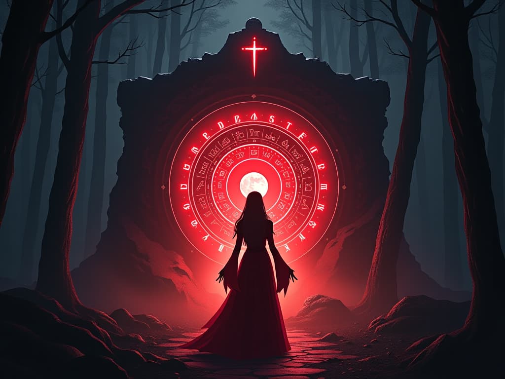  dark sorceress in red, standing before a glowing portal, aura of realization, mystical runes glowing, forest shrouded in darkness. the style is digital art illustration / modern comic book / graphic dark novel fantasy and mysterious occult, symbolic, moody lighting, esoteric vibe,high detail on character design. for the color scheme emphasize blacks and reds.