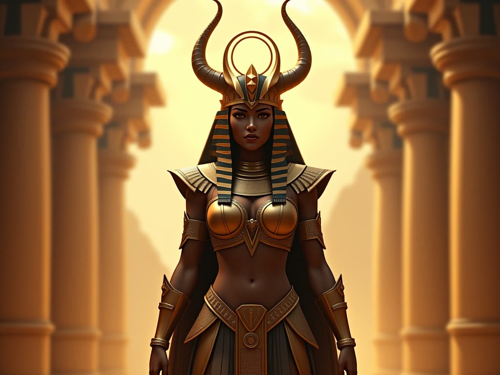  ancient egyptian goddess isis, regal and majestic, wearing form fitting high tech clothing, elaborate headpiece with solar disc and horns, standing in an ancient temple, mystical, reverent presence. unreal engine style rendering reminiscent of marvel superheros.