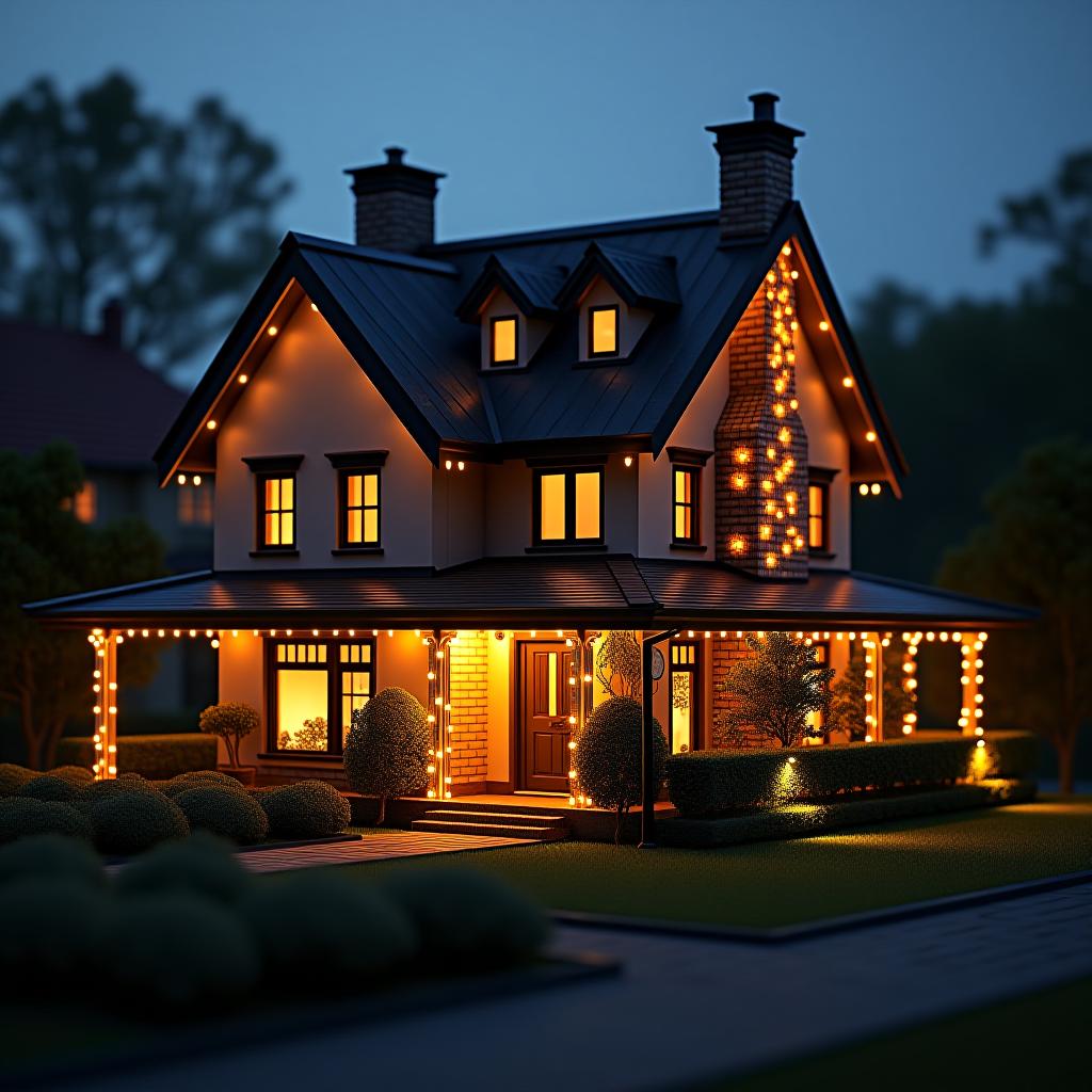  traditional house model illuminated by a network of lights, showcasing connectivity in residential design.