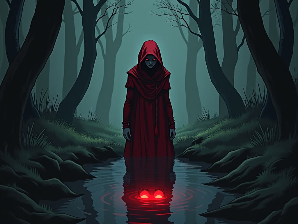  narcissus like figure dressed in red, gazing into a forest pool, reflection showing a distorted face, dark woods surrounding, aura of eerie realization. the style is digital art illustration / modern comic book / graphic dark novel fantasy and mysterious occult, symbolic, moody lighting, esoteric vibe,high detail on character design. for the color scheme emphasize blacks and reds.