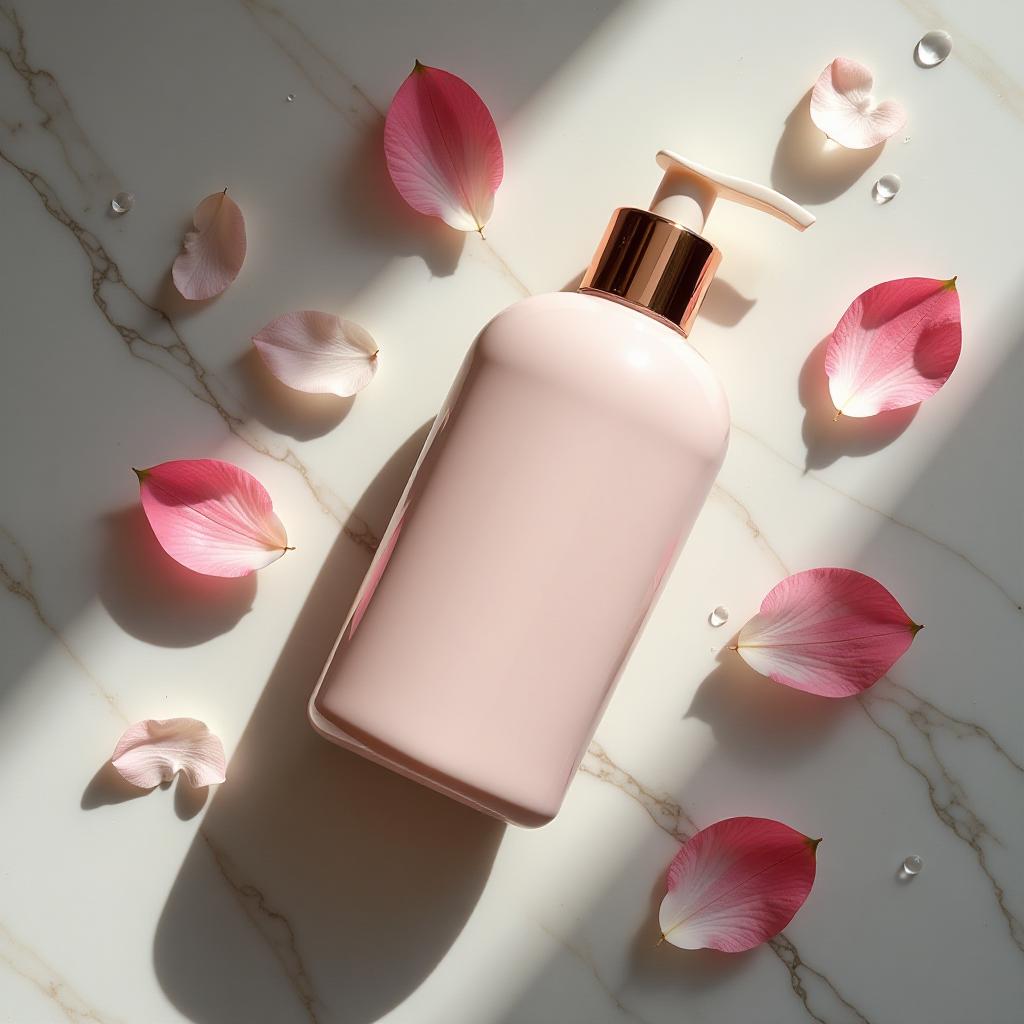  overhead shot of a luxurious lotion bottle placed on a marble surface, surrounded by delicate petals and glistening water droplets. the dramatic lighting casts soft shadows and highlights the bottle's elegant curves. reflections from the marble create a mesmerizing depth, while the petals add a touch of nature, giving the scene a rich, harmonious feel. the composition emphasizes the smooth texture of the lotion and the serene color palette, enhancing the overall ambiance.