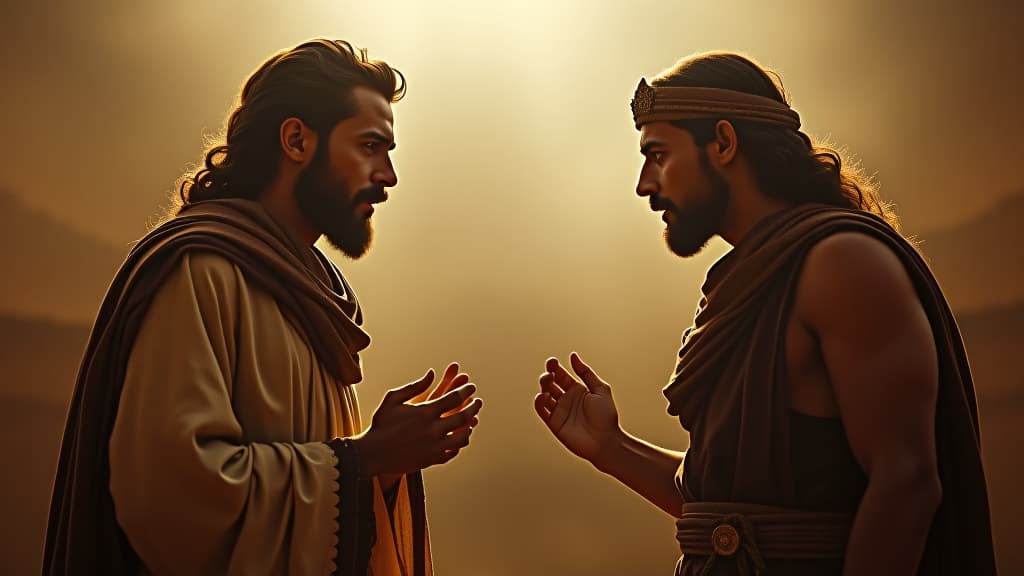  history of biblical times, jacob and laban confront each other after the pursuit, with tension in the air. hyperrealistic, full body, detailed clothing, highly detailed, cinematic lighting, stunningly beautiful, intricate, sharp focus, f/1. 8, 85mm, (centered image composition), (professionally color graded), ((bright soft diffused light)), volumetric fog, trending on instagram, trending on tumblr, HDR 4K, 8K