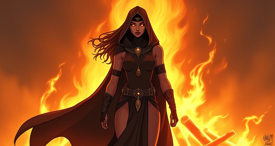  a large busted priestess with fiery eyes in tight robes, standing in front of a blazing pyre, determined stance, radiating power and resolve. the style is digital art illustration / modern comic book / mysterious occult, symbolic, esoteric vibe,high detail on character design, incorporating ancient egyptian symbology and attire.