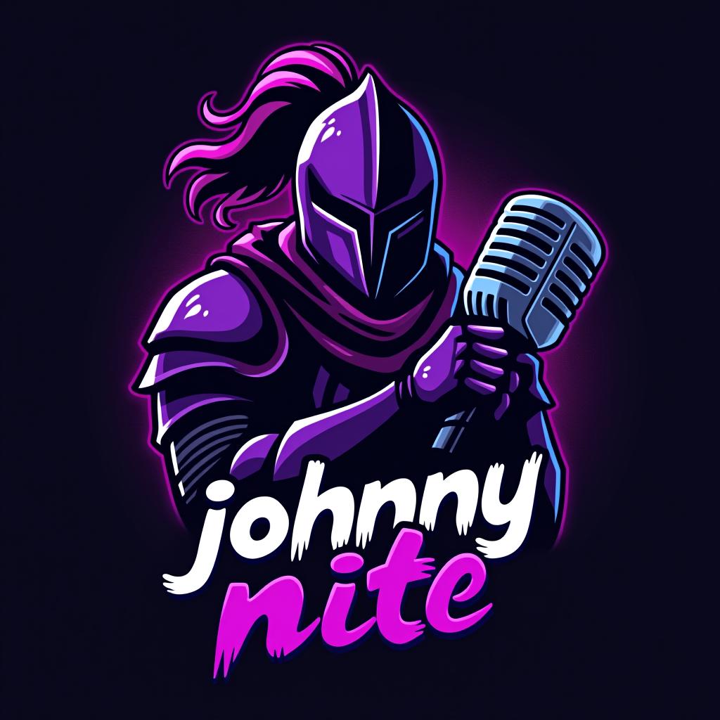  design a logo, in a threedrender style. knight with a gaming mic graffiti purple and black, with the text 'johnny nite'.