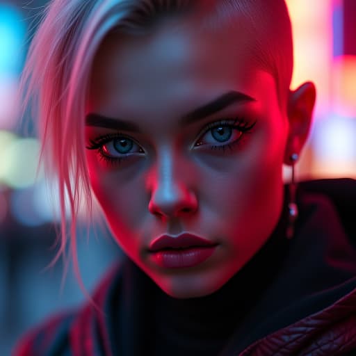  ultra realistic close up portrait ((beautiful pale cyberpunk female with heavy black eyeliner)), blue eyes, shaved side haircut, hyper detail, cinematic lighting, magic neon, dark red city, canon eos r3, nikon, f/1.4, iso 200, 1/160s, 8k, raw, unedited, symmetrical balance, in frame, 8k hyperrealistic, full body, detailed clothing, highly detailed, cinematic lighting, stunningly beautiful, intricate, sharp focus, f/1. 8, 85mm, (centered image composition), (professionally color graded), ((bright soft diffused light)), volumetric fog, trending on instagram, trending on tumblr, HDR 4K, 8K