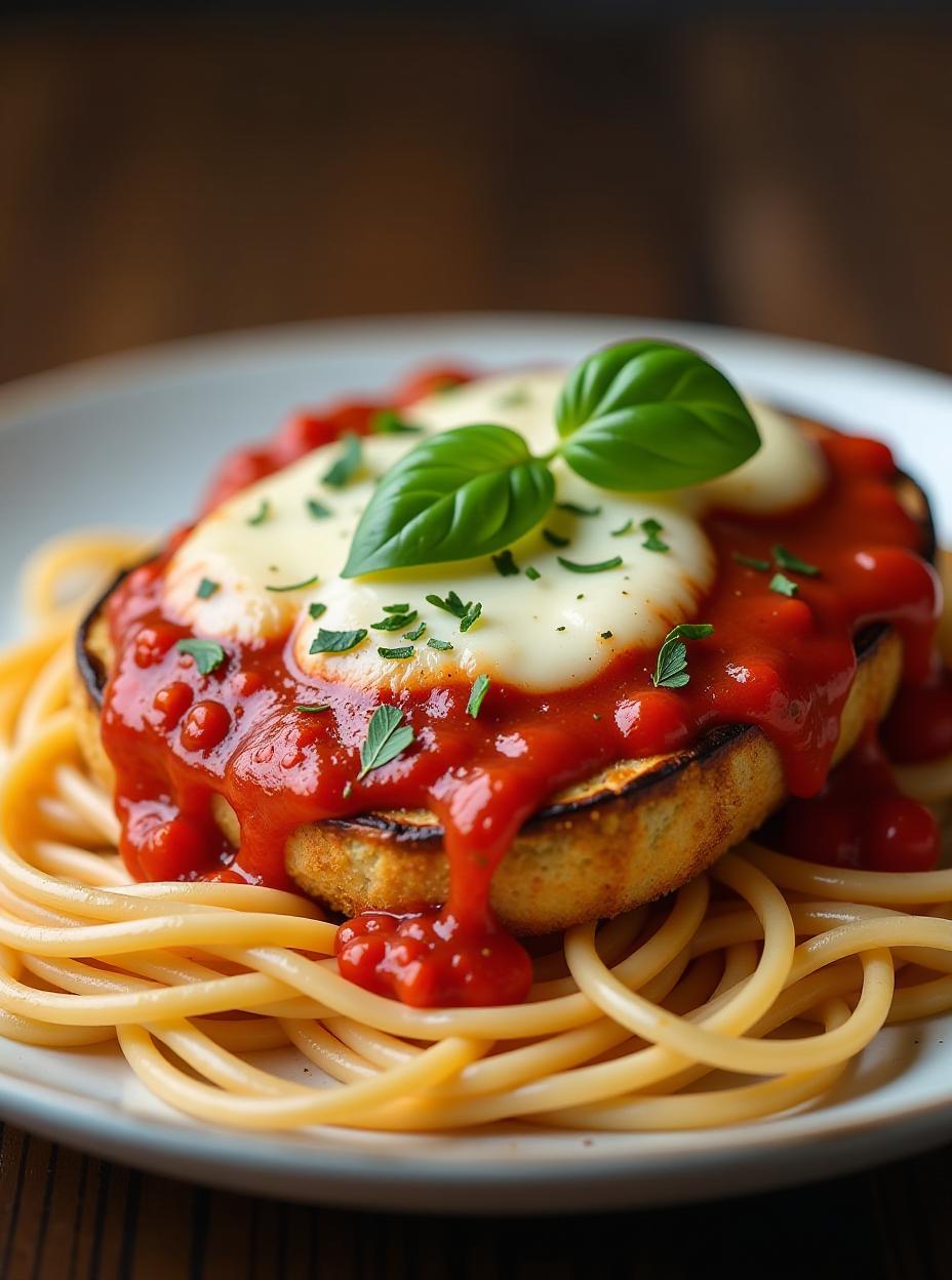  breaded and baked eggplant with marinara sauce and gooey mozzarella cheese on a bed of spaghetti topped with additional marinara sauce, high quality, high details, hd, perfect composition, 4k epic detailed, highly detailed, sharp focus, high resolution