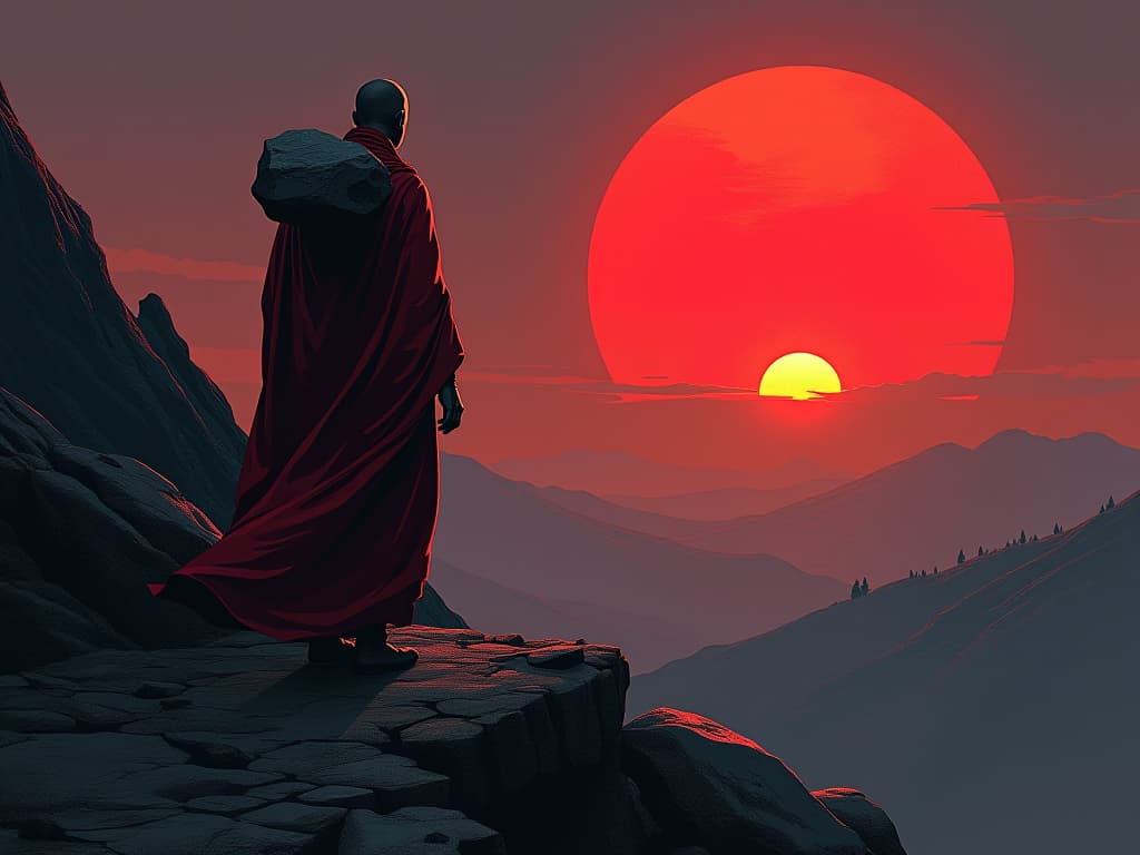  figure in red robes, carrying heavy stones uphill, humility and perseverance, dawn breaking. the style is digital art illustration / modern comic book / graphic dark novel fantasy and mysterious occult, symbolic, moody lighting, esoteric vibe,high detail on character design. for the color scheme emphasize blacks and reds.