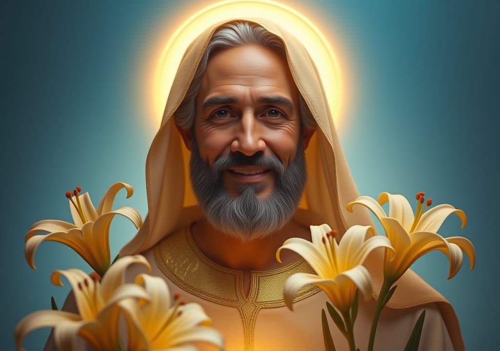  a serene, golden lit portrait of saint anthony, surrounded by lilies and a subtle, glowing aura, with a gentle, knowing smile and compassionate eyes, set against a soft, gradient blue background. hyperrealistic, full body, detailed clothing, highly detailed, cinematic lighting, stunningly beautiful, intricate, sharp focus, f/1. 8, 85mm, (centered image composition), (professionally color graded), ((bright soft diffused light)), volumetric fog, trending on instagram, trending on tumblr, HDR 4K, 8K