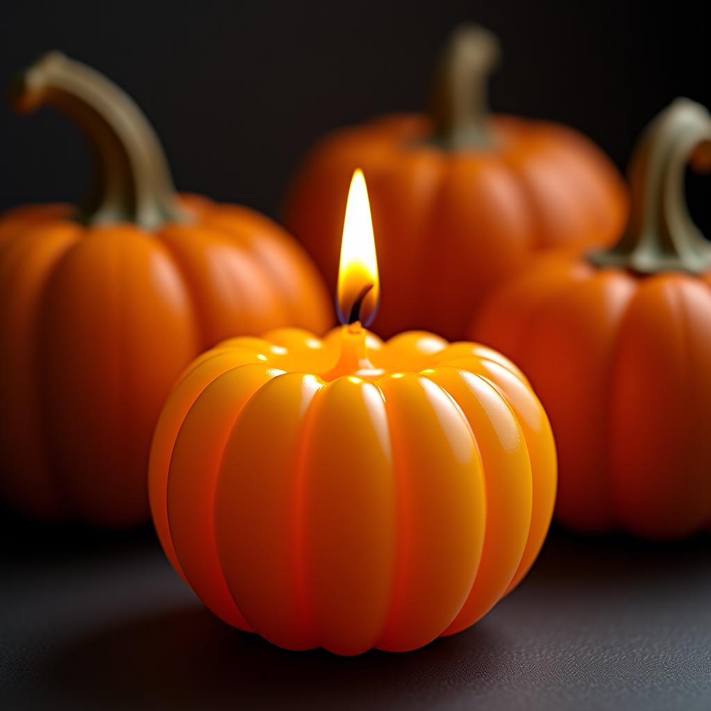  a candle in the shape of a pumpkin against a backdrop of real pumpkins.