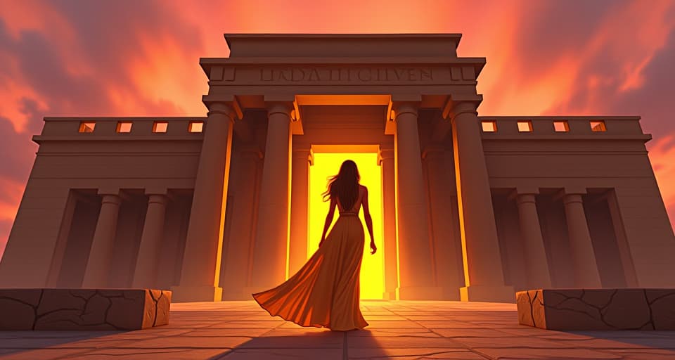  ancient egyptian temple at dawn, sky painted in hues of orange and pink, large busted high priestess in form fitting golden robes emerging from the temple, aura of transformation. the style is digital art illustration / modern comic book / mysterious occult, symbolic, esoteric vibe,high detail on character design, incorporating ancient egyptian symbology and attire.