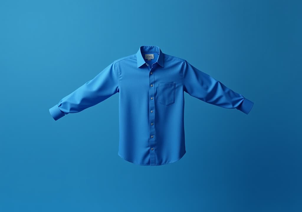  a blue shirt floating in mid air. the shirt is long sleeved and appears to be made of a lightweight fabric. the background is a solid color, providing a stark contrast to the shirt. the shirt is posit