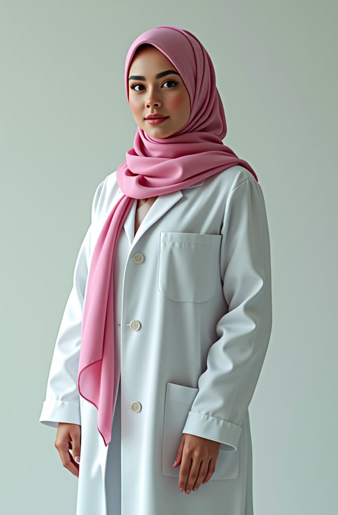  the teacher who manages the health unit at wears white clothes, a long black , a pink hijab and cat eye gles, a plain background, has an ideal body, not thin and not fat, artgerm, jeremy, lipkin, michael, garmash detailed digital art, radiant, light, detailed, intricate, environment hyperrealistic, full body, detailed clothing, highly detailed, cinematic lighting, stunningly beautiful, intricate, sharp focus, f/1. 8, 85mm, (centered image composition), (professionally color graded), ((bright soft diffused light)), volumetric fog, trending on instagram, trending on tumblr, HDR 4K, 8K