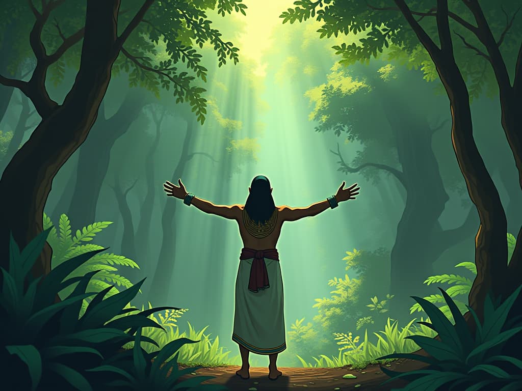  a person standing at the edge of a lush forest, arms outstretched toward the verdant greenery, sunlight cascading down, a feeling of irresistible attraction to nature. the style is digital art illustration / modern comic book / mysterious occult, symbolic, esoteric vibe,high detail on character design, incorporating ancient egyptian symbology and attire.