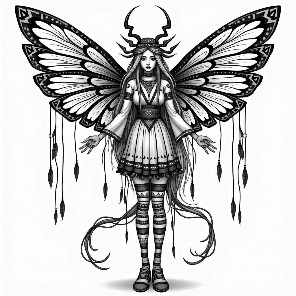  tribal style the black and white vector of a beautiful string fairy with wings of a high quality, face, the fairy is full sized in a model pole in the stockings, the shoes in very high beds, in a short dress with long light hair . indigenous, ethnic, traditional patterns, bold, natural colors, highly detailed hyperrealistic, full body, detailed clothing, highly detailed, cinematic lighting, stunningly beautiful, intricate, sharp focus, f/1. 8, 85mm, (centered image composition), (professionally color graded), ((bright soft diffused light)), volumetric fog, trending on instagram, trending on tumblr, HDR 4K, 8K