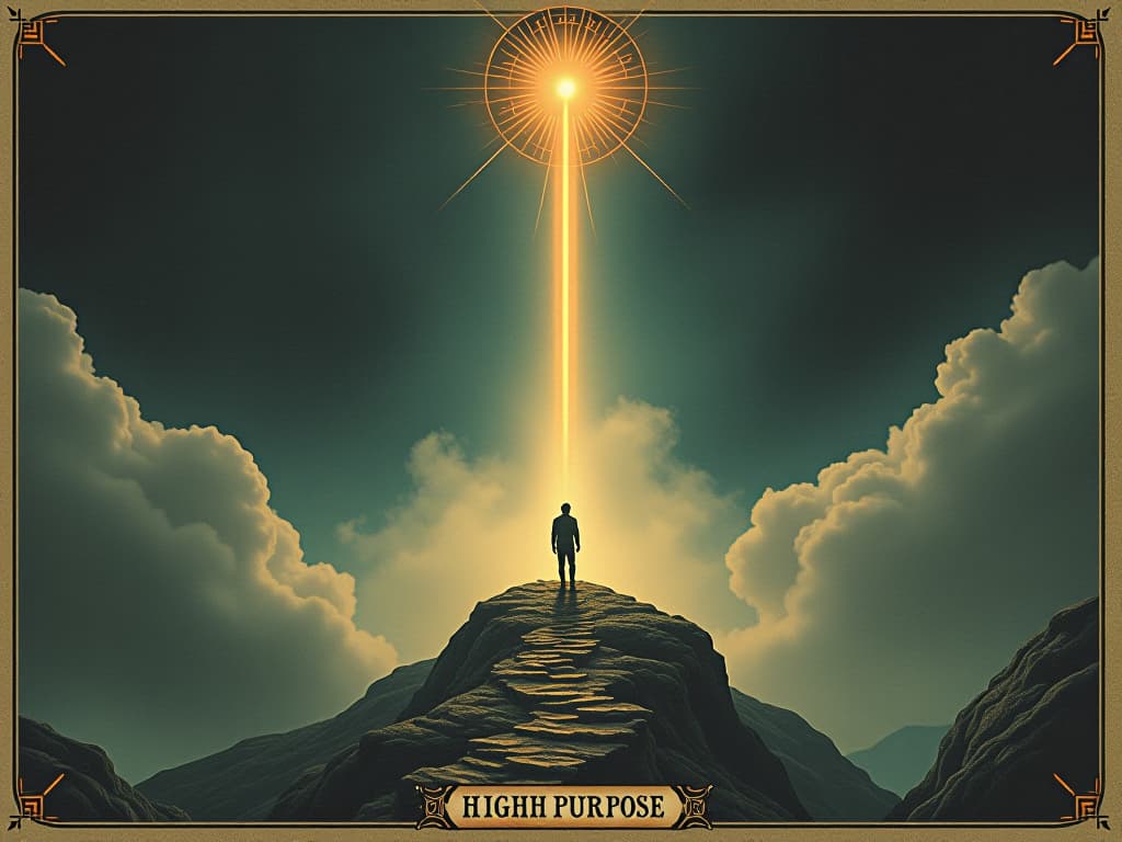  a guiding light leading a figure toward a high peak, symbolizing higher purpose, ethereal, guiding, purposeful. an illustration in the style of a worn, mystical old tarot trump card, mysterious and elements of surrealism. the colors are muted, somber and eerie, but with contrast bring out an occult and esoteric vibe.