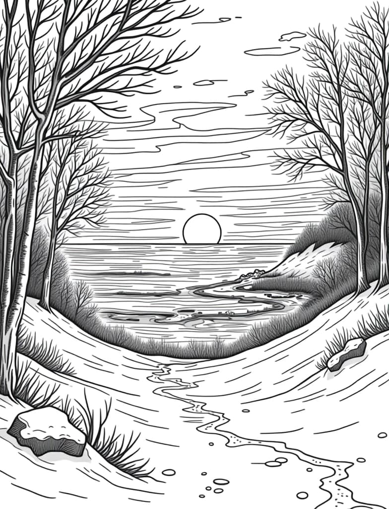  this is for an adult coloring page. a detailed black and white line art of a snowy winter sunset over a snow covered beach on a solid white background.