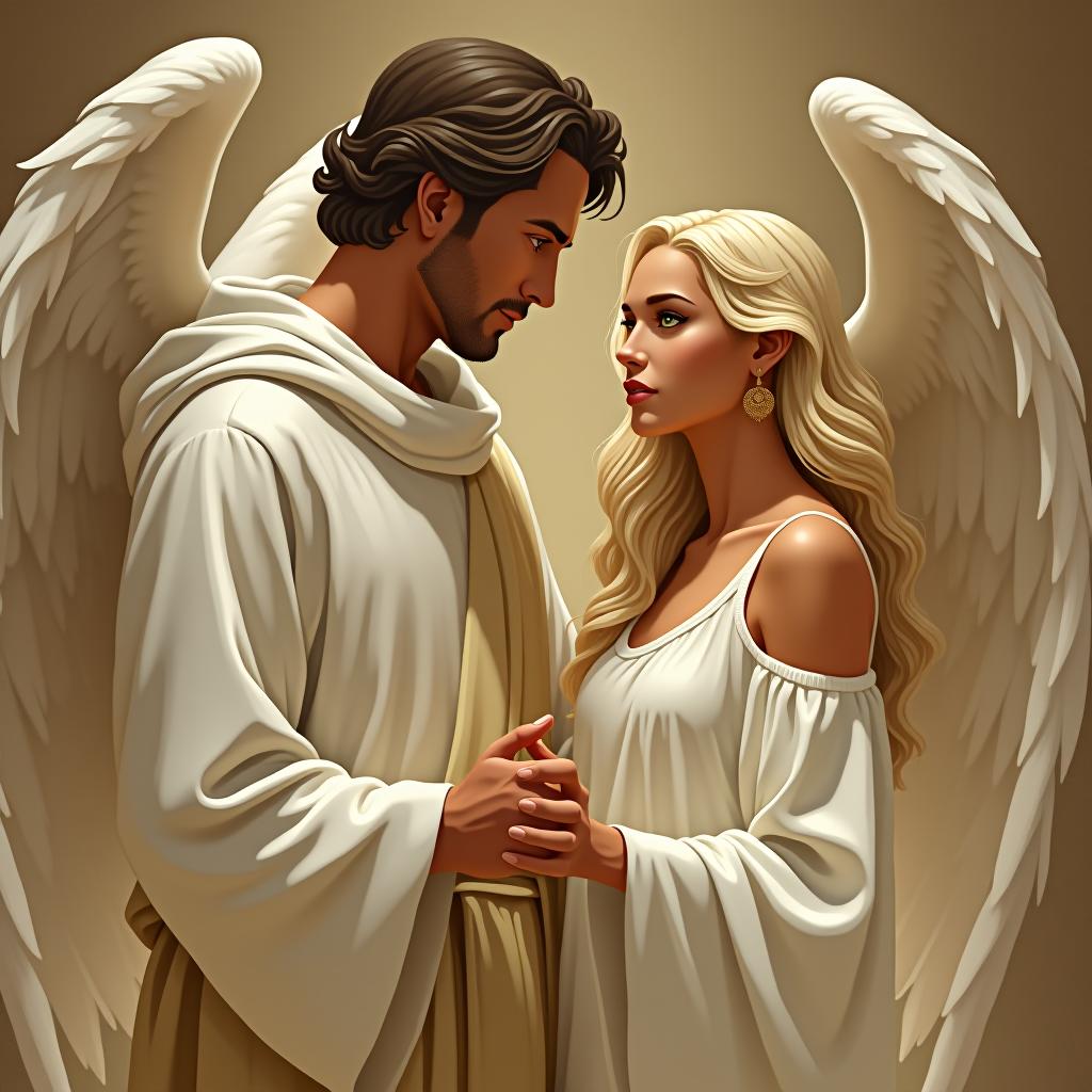  make an image of a tan skinned man wearing a white robe and wings holding the hand of a blonde woman with tan olive skin and green eyes like a father