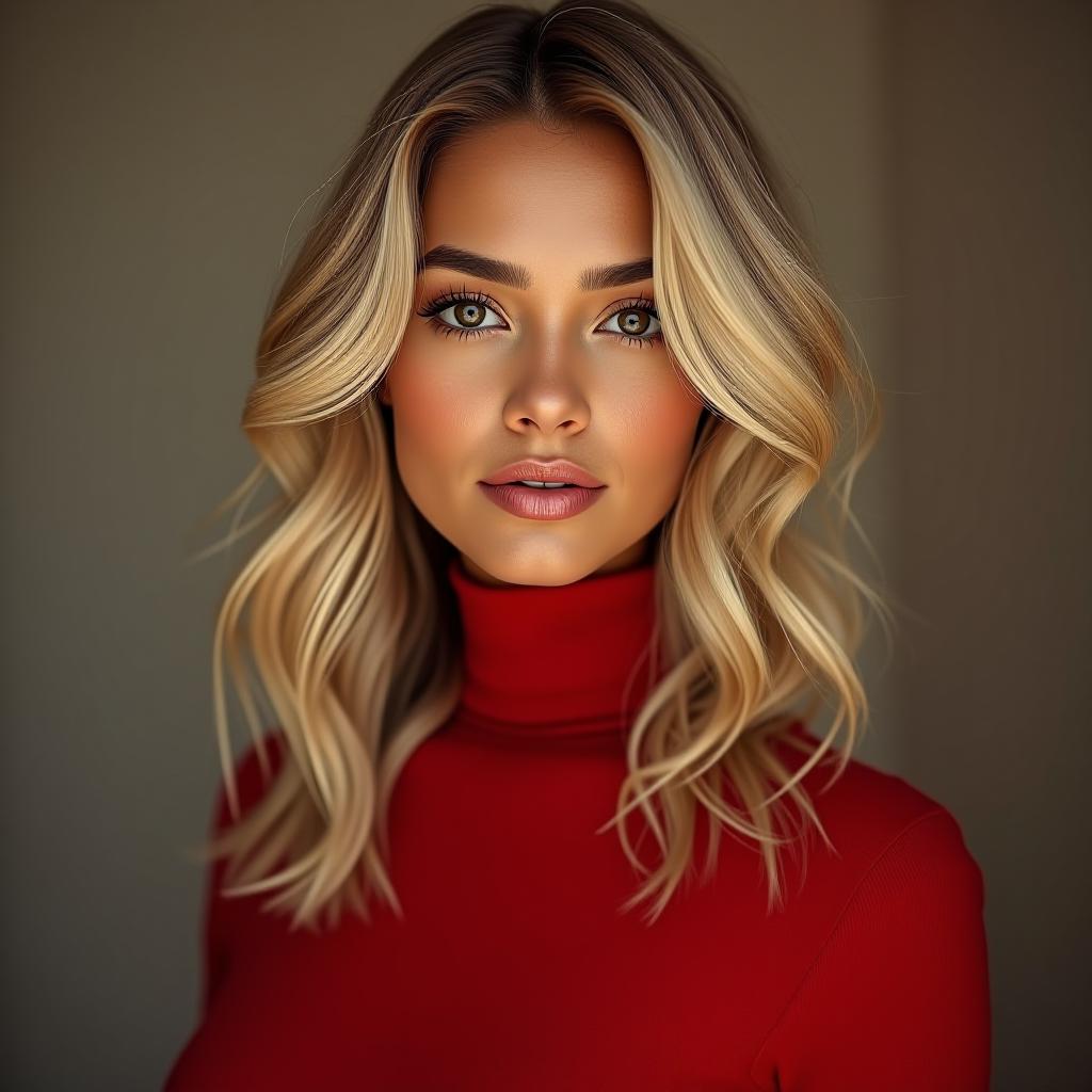  make an image of a blonde haired woman with brown eyes and tan olive skin wearing red outfit