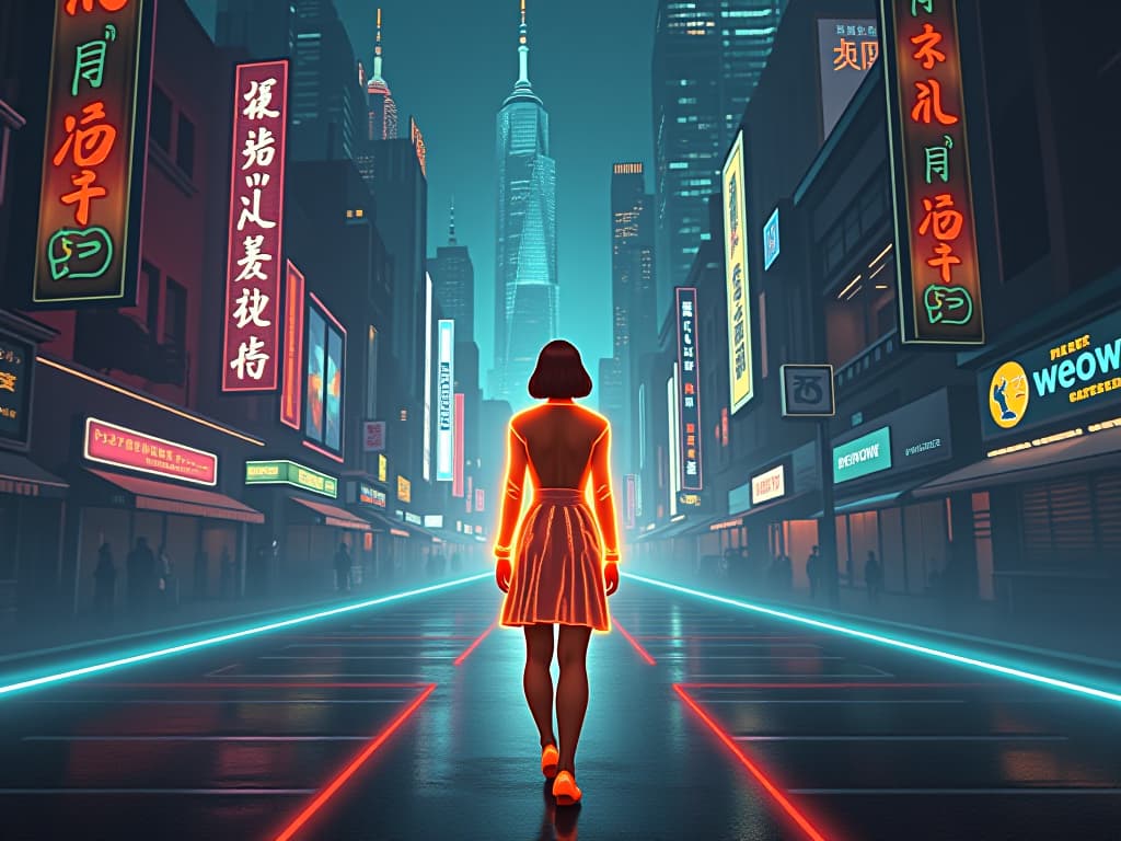  a figure in glowing attire standing at a crossroads in a bustling, neon lit cityscape, looking conflicted. modern meets mystical, complex, reflective.. the style is digital art illustration,highly detailed, whimsical,magical, dreamlike atmosphere, realism and fantasy blend, smooth, glossy textures,luminous quality, wonder and enchantment.