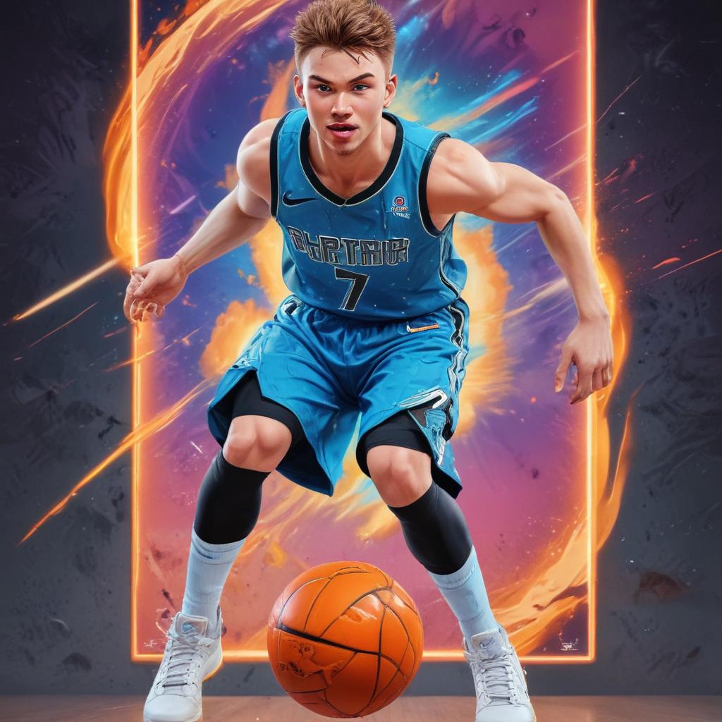 distance-shot, flashy, full-body, dynamic, holographic, animated cartoon poster of luka doncic in the style of dragon ball super