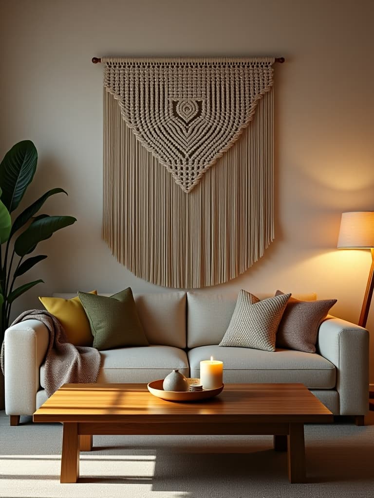  high quality portrait photo of a warm and inviting living room with a large macramé wall hanging above a plush sofa, soft ambient lighting, and a rustic wooden coffee table hyperrealistic, full body, detailed clothing, highly detailed, cinematic lighting, stunningly beautiful, intricate, sharp focus, f/1. 8, 85mm, (centered image composition), (professionally color graded), ((bright soft diffused light)), volumetric fog, trending on instagram, trending on tumblr, HDR 4K, 8K