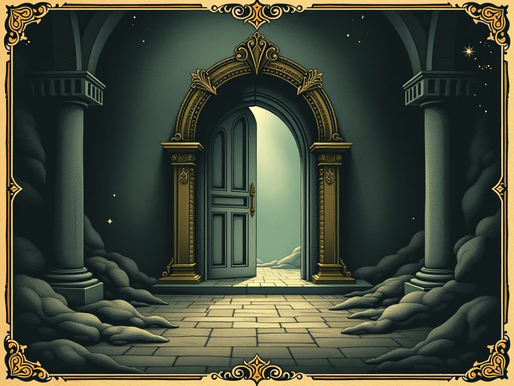  an ethereal doorway opening to a mystical realm, challenges understanding of reality, luminous portal, otherworldly invitation. an illustration in the style of a worn, mystical old tarot trump card, mysterious and elements of surrealism. the colors are muted, somber and eerie, but with contrast bring out an occult and esoteric vibe.