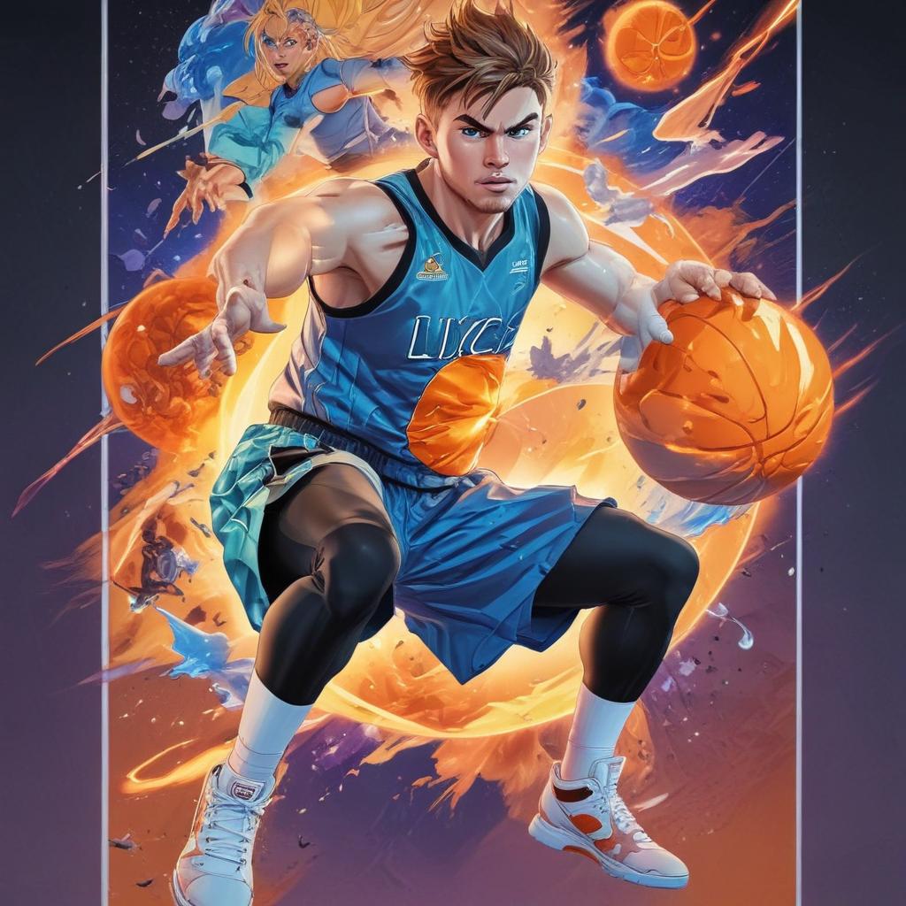 distance-shot, flashy, full-body, dynamic, holographic, animated cartoon poster of luka doncic in the style of dragon ball super