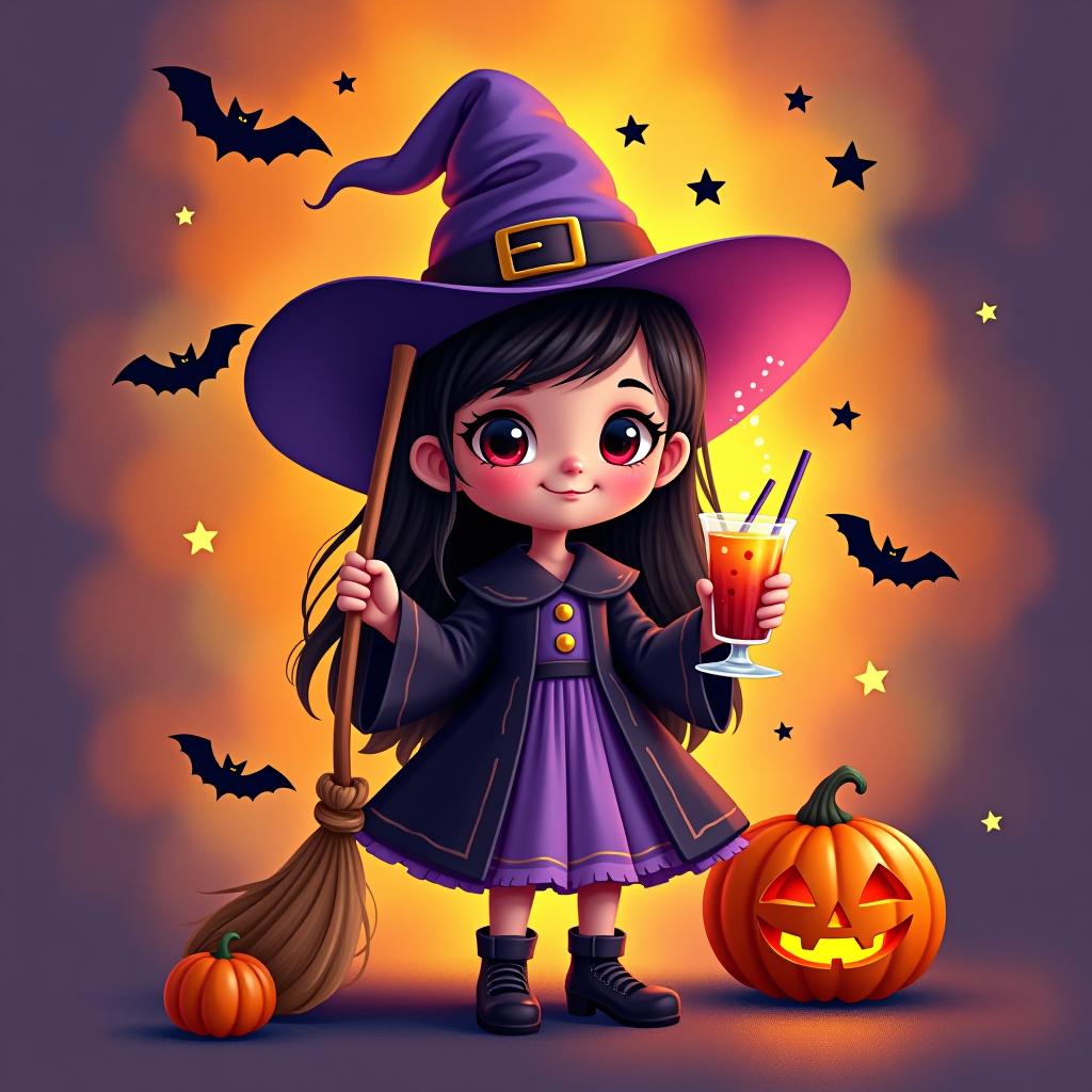  create a digital painting featuring a cute witch character. the witch should be wearing a hat. in one hand, the witch should hold a broomstick, and in the other hand, a halloween themed drink. the background should be colorful and include small black bats, pumpkins and stars to add a playful halloween touch. the overall style should be cute, whimsical, and colorful hyperrealistic, full body, detailed clothing, highly detailed, cinematic lighting, stunningly beautiful, intricate, sharp focus, f/1. 8, 85mm, (centered image composition), (professionally color graded), ((bright soft diffused light)), volumetric fog, trending on instagram, trending on tumblr, HDR 4K, 8K