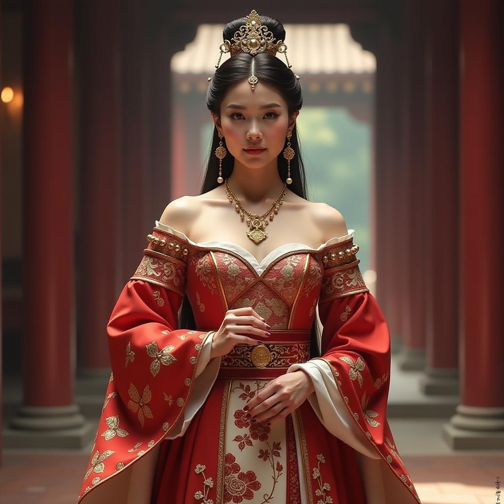  in 16th centry, chinese princess in bellyband at palace, high quality, high details, hd, perfect composition, 4k epic detailed, highly detailed, sharp focus, high resolution