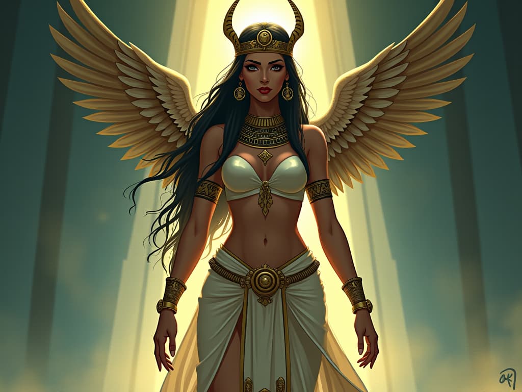  a large busted goddess in a subtle and elegant attire, her form shrouded in a gentle, glowing light, her influence felt rather than seen, symbolizing profound and subtle impact. the style is digital art illustration / modern comic book / mysterious occult, symbolic, esoteric vibe,high detail on character design, incorporating ancient egyptian symbology and attire.