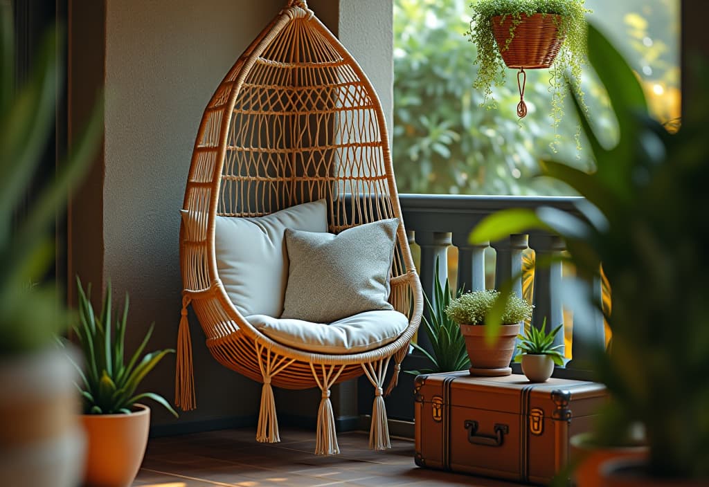  a landscape photo of a serene reading nook in a patio corner, featuring a hanging macramé chair, plush cushions, and a small side table made from a repurposed vintage suitcase, surrounded by potted plants hyperrealistic, full body, detailed clothing, highly detailed, cinematic lighting, stunningly beautiful, intricate, sharp focus, f/1. 8, 85mm, (centered image composition), (professionally color graded), ((bright soft diffused light)), volumetric fog, trending on instagram, trending on tumblr, HDR 4K, 8K